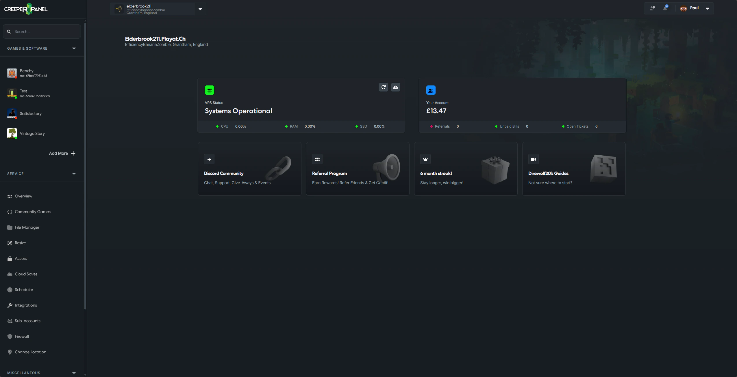 A screenshot of the dashboard overview of a CreeperHost service, with Vintage Story and Vault Hunters 3rd Edition running simultaneously