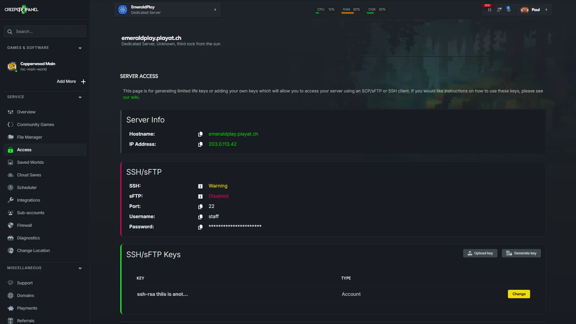 CreeperPanel Access page showing server info, SSH and sFTP status, and SSH/sFTP key controls.