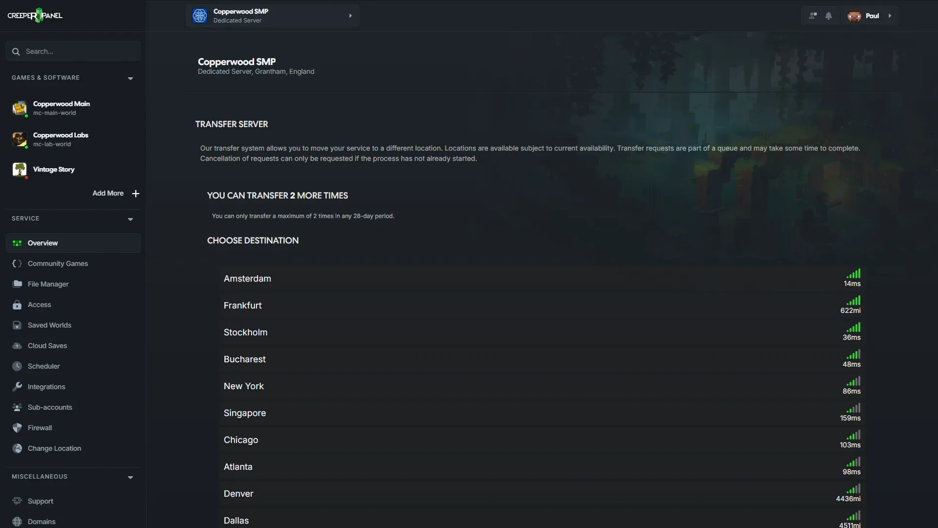 CreeperPanel Change Location page showing transfer quota and destination latency list.