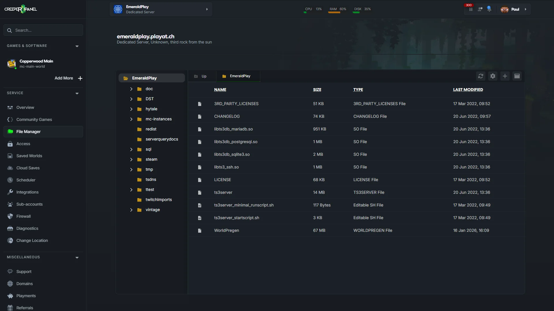 CreeperPanel service File Manager showing the EmeraldPlay filesystem and file listing.