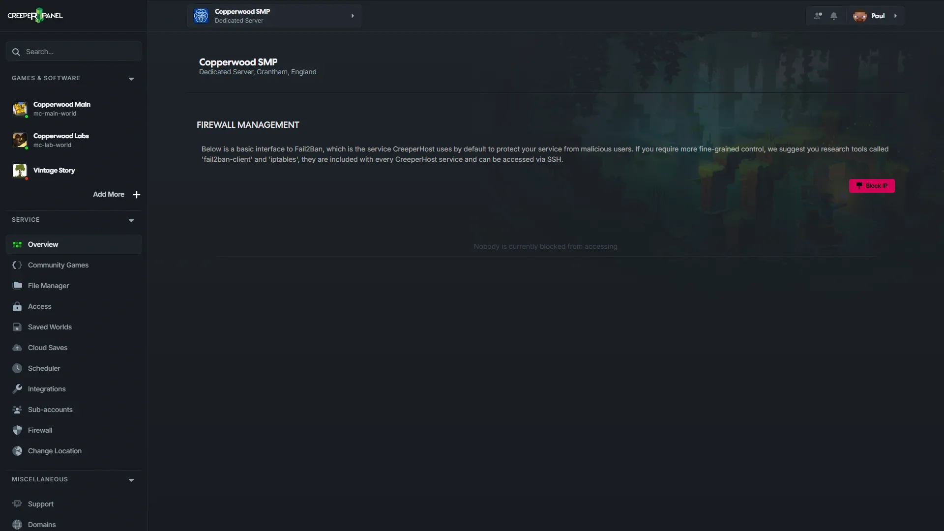CreeperPanel Firewall page showing Fail2Ban protection, block IP action, and empty blocked-user state.