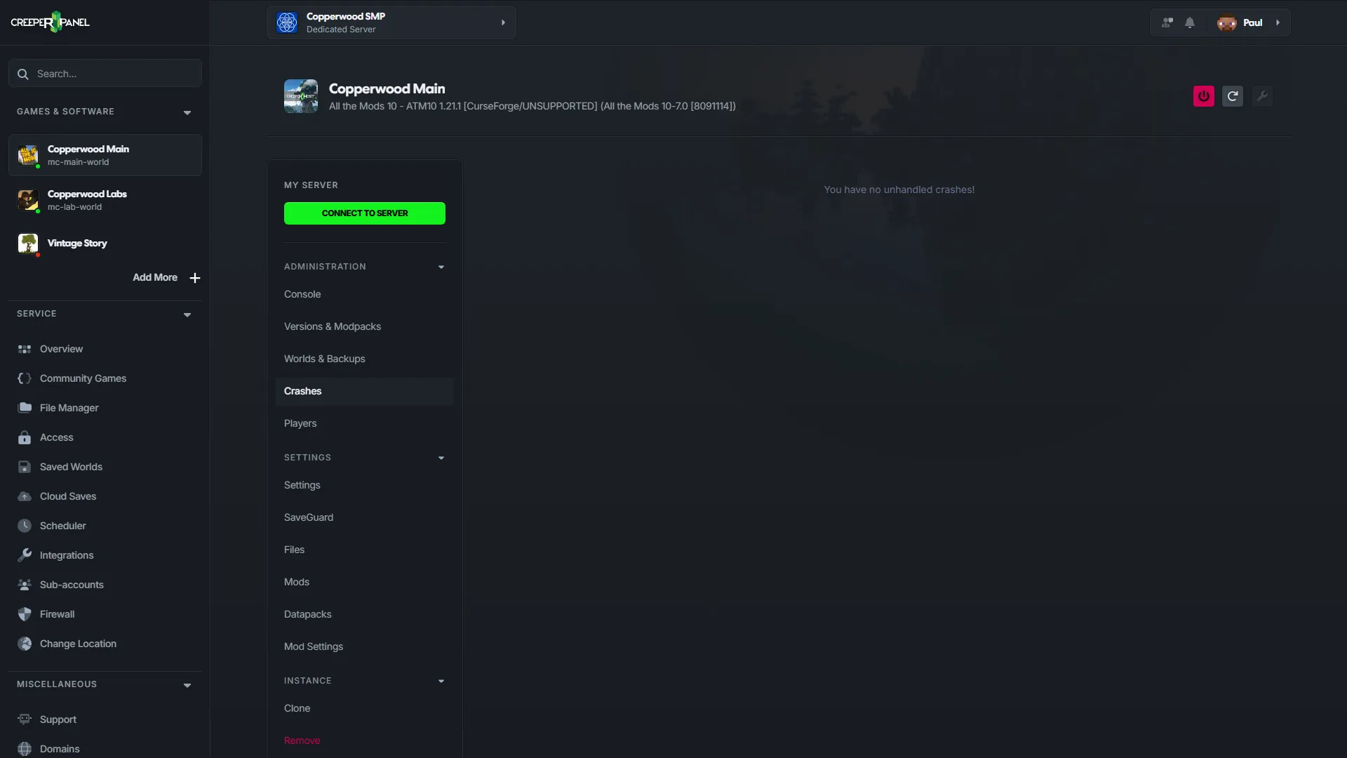CreeperPanel Minecraft Crashes page showing a healthy no-unhandled-crashes state.