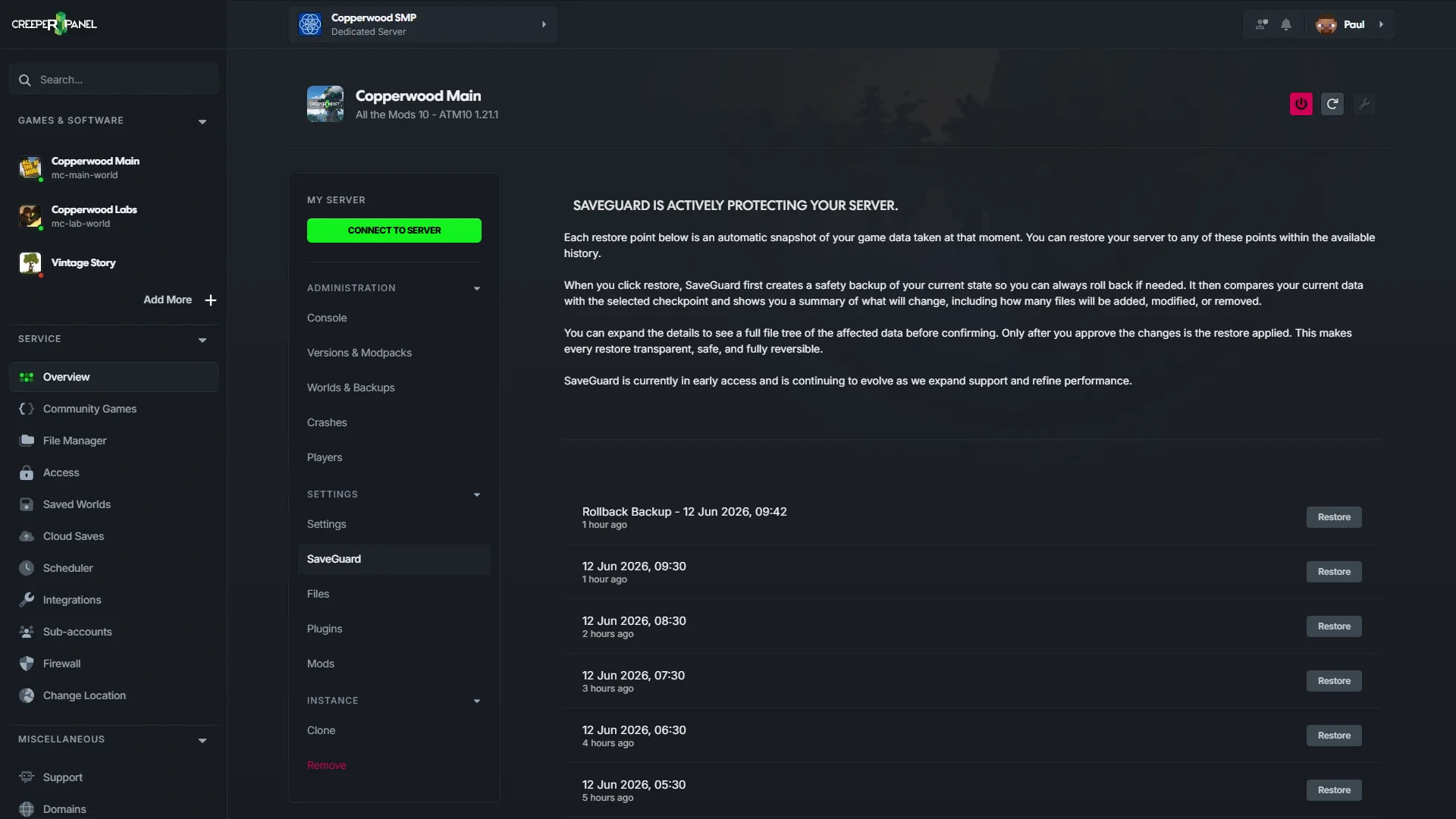 CreeperPanel SaveGuard page explaining automatic restore point protection for a Minecraft server.