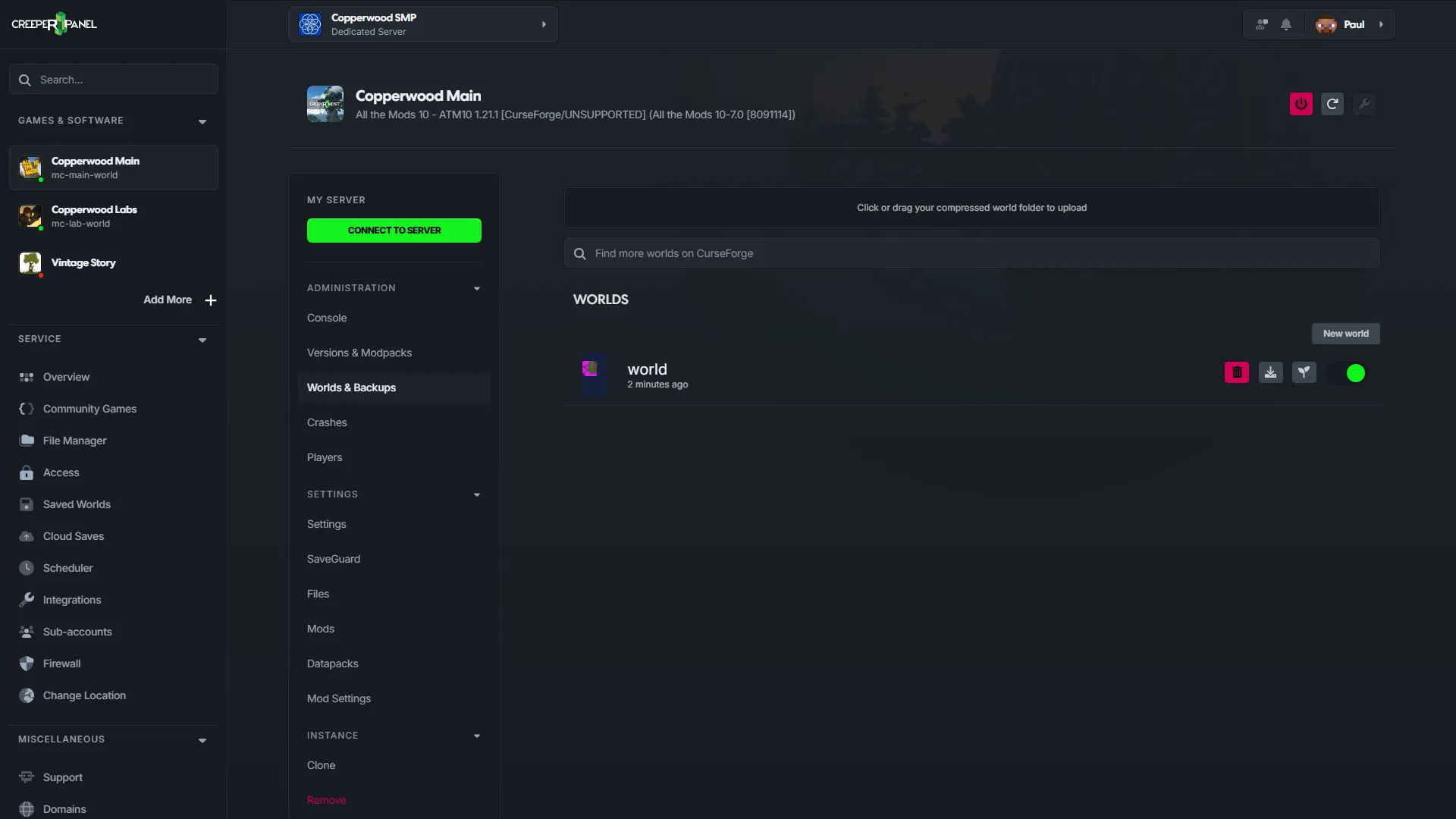 CreeperPanel Worlds and Backups page showing world upload, CurseForge search, a world row, and backup controls.