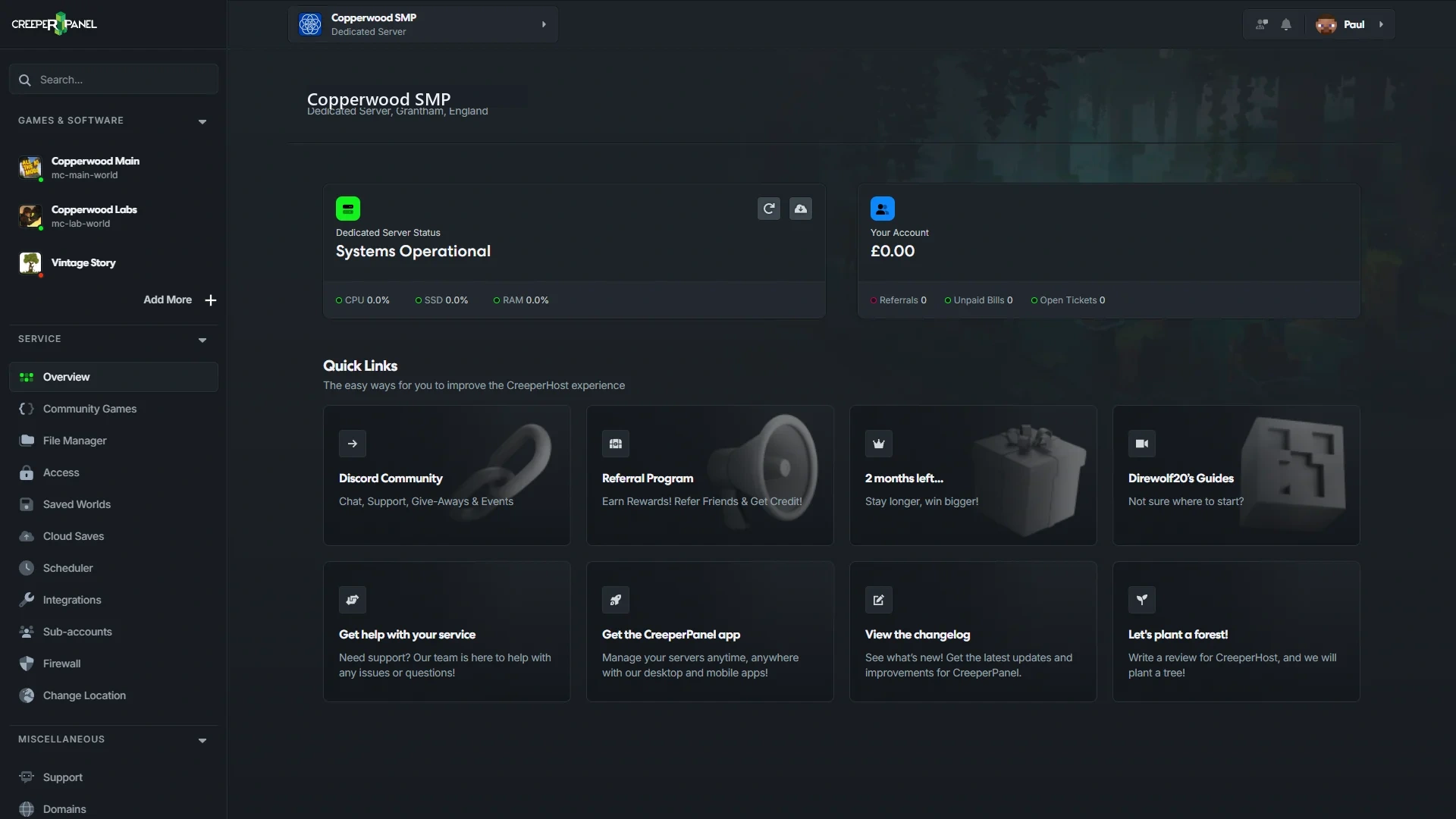 CreeperPanel overview showing service status, installed games, quick links, and the Add More action.