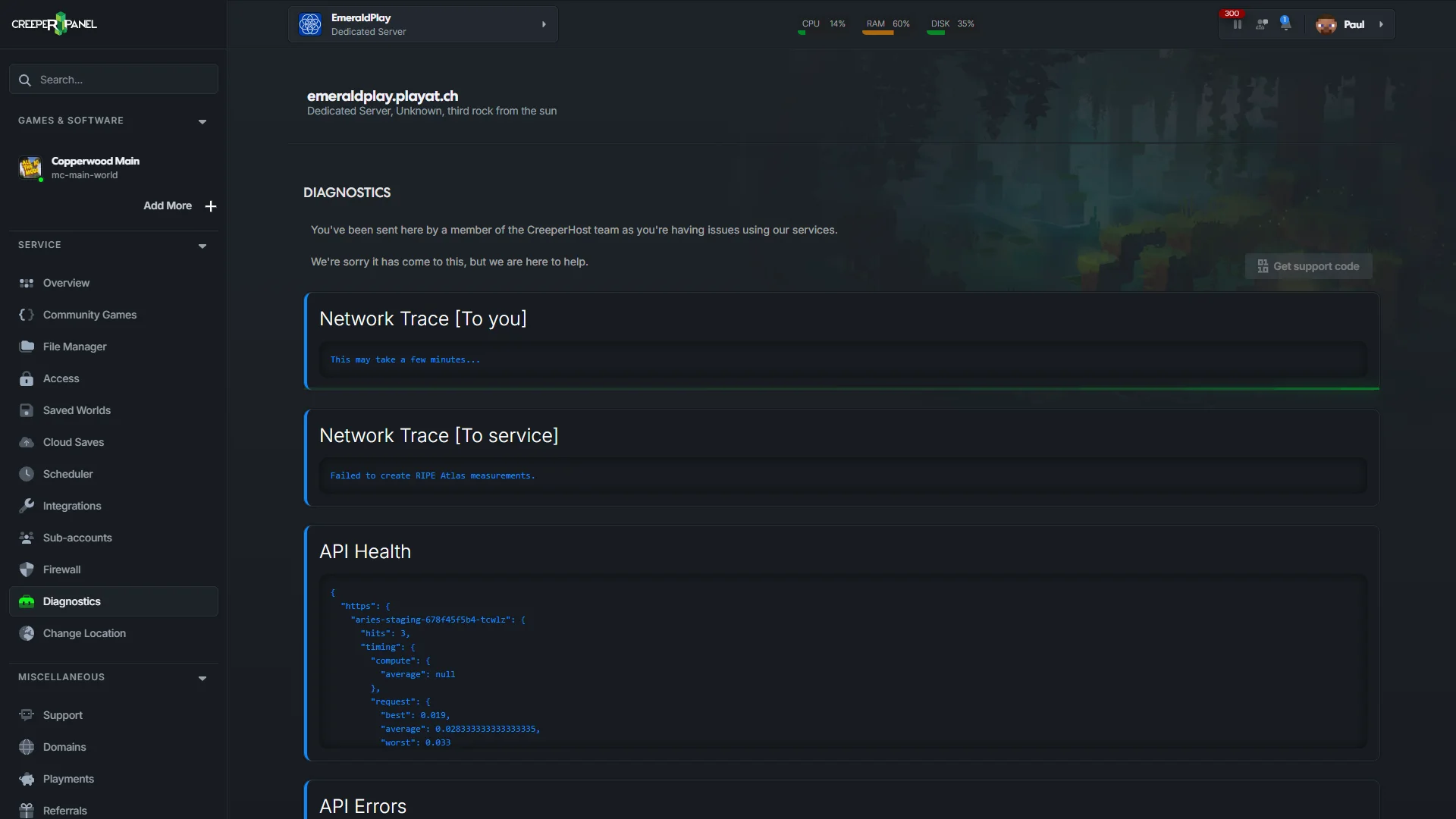 CreeperPanel Diagnostics page showing network trace panels, API health JSON, and a support code action.