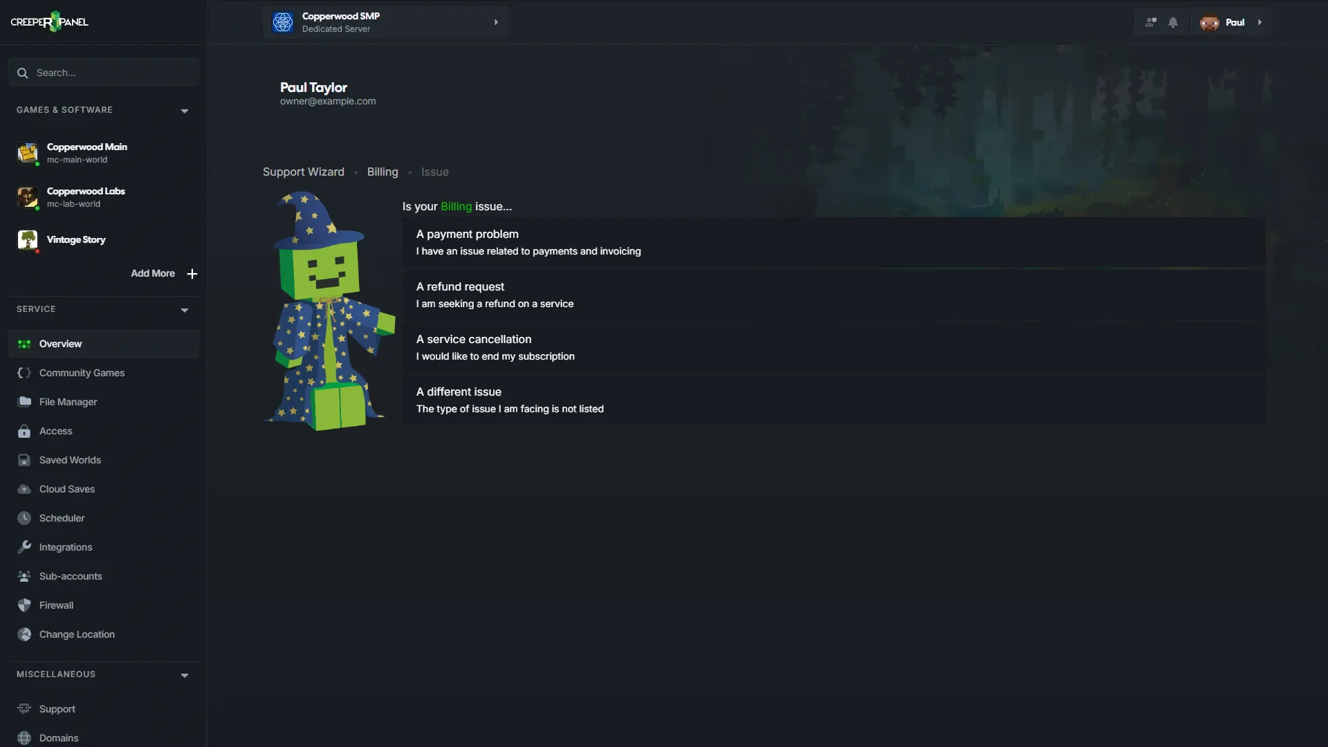 CreeperPanel Support Wizard billing path showing payment, refund, cancellation, and other issue choices.