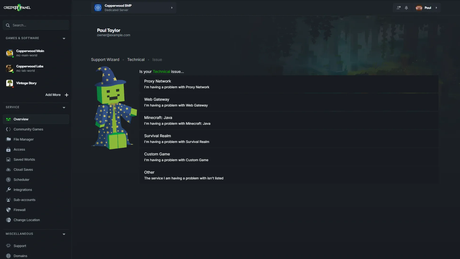 CreeperPanel Support Wizard technical path showing service-specific support options.