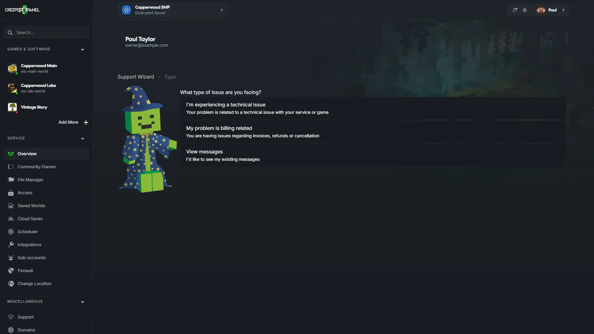 CreeperPanel Support Wizard showing technical, billing, and existing message options.